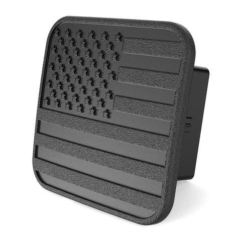 Heavy Duty Black Flag Hitch Receiver Cap For 2 Inch Tow Hitch - No Pin Required, angled view of the textured flag design