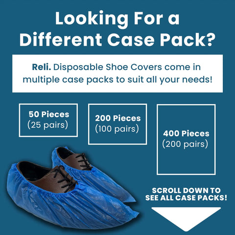 Blue Disposable Shoe Covers 200 Pack 100 Pairs One Size Fits All Non Slip Waterproof Booties with size options displayed