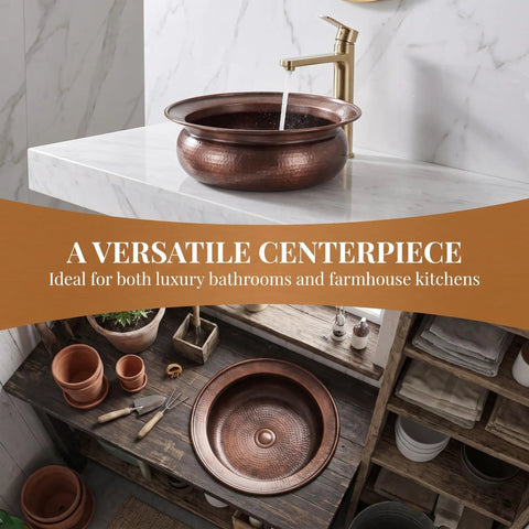 Bathroom Copper Sink with Drain & Hose, 16in vessel sink for face washing, showcasing rich copper design in luxury bathroom