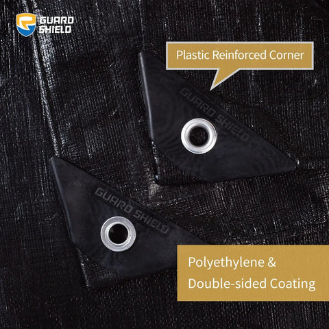 Close-up of Heavy Duty Waterproof 12x16 Feet Black Poly Tarp Cover For Outdoors showing plastic reinforced corner and grommet.