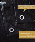 Heavy Duty Waterproof 18x24 Feet Black Poly Tarp Cover With Grommets 10mil Thick UV Resistant Tarpaulin corner detail