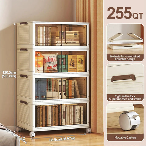 255 Quart Extra Large Lockable Stackable Storage Bins With Lids On Wheels, 4 tier collapsible plastic cabinet filled with books