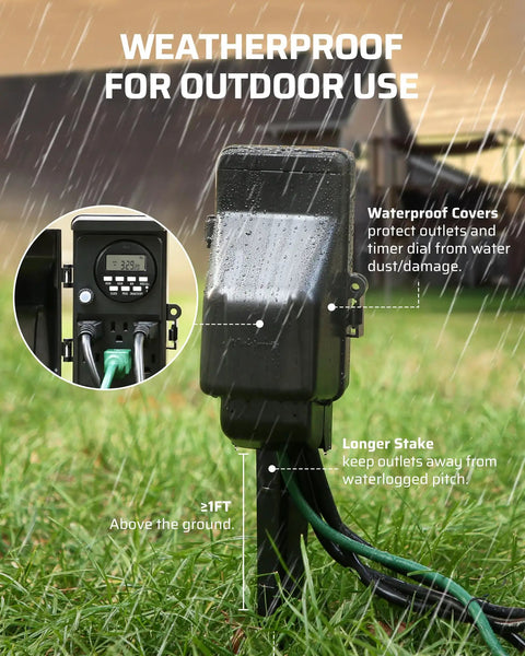 Outdoor Digital Power Strip Timer With 6 Outlets Waterproof Garden Power Stake And 6 Foot Cord Heavy Duty 15A Digital Timer in rain