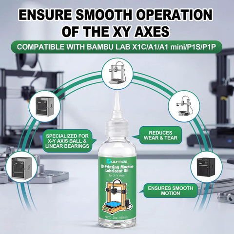 3D Printer Lubricating Oil 60ML for XY Axis, compatible with Bambu Lab X1C A1 Mini P1S P1P, shown with smooth operation feature