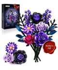 Purple Rose Bouquet Building Kit For Adults And Women, Lifelike 12 Piece Floral Set For Gothic Modern Home Decor, Ideal Mothers Day Gift For Mom Girlfriend Wife, Office Table Centerpiece And Cozy Room Accent. 12-piece purple and black rose bouquet kit with box