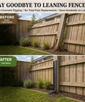 Tough As Nails Fence Post Repair Kit With Heavy Duty Steel Anchor Stakes For Broken Or Leaning 4X4 And 6X6 Wood Posts Quick Fix Support Bracket 11 Gauge One Piece Mender Design 2 Pack shown in before and after leaning fence scene.