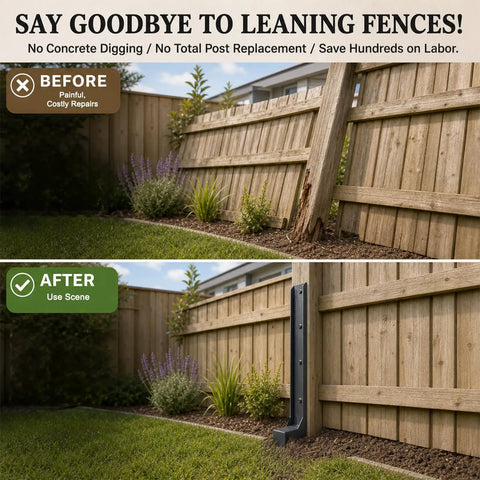 Tough As Nails Fence Post Repair Kit With Heavy Duty Steel Anchor Stakes For Broken Or Leaning 4X4 And 6X6 Wood Posts Quick Fix Support Bracket 11 Gauge One Piece Mender Design 2 Pack shown in before and after leaning fence scene.