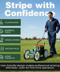 Game Day Ready Athletic Field Line Marking Paint Kit Including Twelve Cans Of Bright Orange Coating Matched With A Straight Shot Striping Machine in use on grass field.