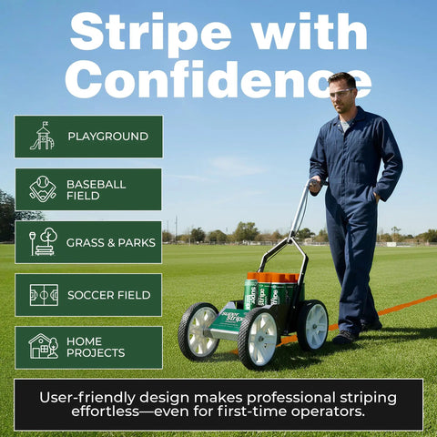 Game Day Ready Athletic Field Line Marking Paint Kit Including Twelve Cans Of Bright Orange Coating Matched With A Straight Shot Striping Machine in use on grass field.