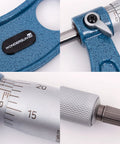 Quad image of Outside Micrometer Set For Precision Machining And Metalworking showing details of measurement scales and blue metal finish