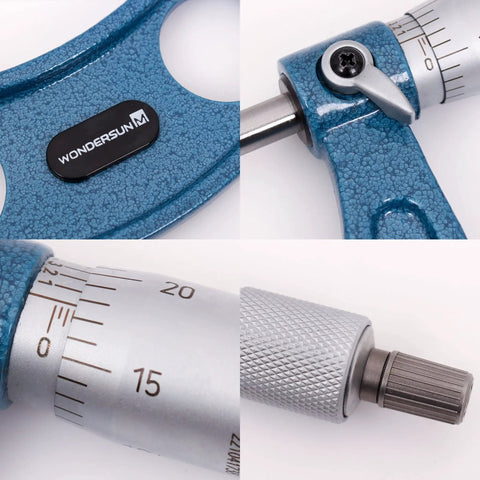 Quad image of Outside Micrometer Set For Precision Machining And Metalworking showing details of measurement scales and blue metal finish