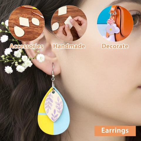 Person wearing teardrop-shaped earring from Unfinished Wooden Earring Blanks Set With Teardrop, Circle, Leaf, And Diamond Shapes.