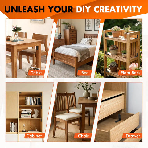 Wood furniture set with table, bed, plant rack, cabinet, chair, and drawer