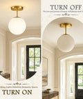 Mid Century Modern Globe Ceiling Light With Frosted Glass Ball And Totally Slick Gold Brass Finish Knockout Semi Flush Mount Fixture Comes With Dimmable E26 Warm Bulb For Hallway Stairs Or Closets in entryway.