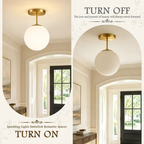 Mid Century Modern Globe Ceiling Light With Frosted Glass Ball And Totally Slick Gold Brass Finish Knockout Semi Flush Mount Fixture Comes With Dimmable E26 Warm Bulb For Hallway Stairs Or Closets in entryway.