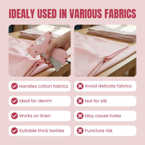 No Sweat Stitch Gun For Clothes Handheld Fabric Tacker Quick Fix Clothing Repair Hemming Kit in use on cotton fabric.