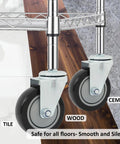 Heavy Duty 4 Inch Swivel Caster Wheels 4 Pack With Reinforced Steel Axles And Silent Polyurethane Treads shown on various floor types.