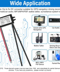 Illustration of a 12V to 5V DC converter with connectors and applications like GPS, car audio, walkie talkies, and cameras.