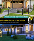 Day and night view of Dusk To Dawn Outdoor Post Light Hardwired 120V With Pier Mount Base illuminating garden pathways.