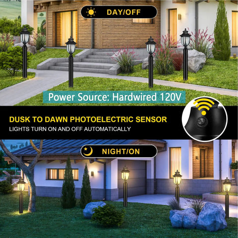 Day and night view of Dusk To Dawn Outdoor Post Light Hardwired 120V With Pier Mount Base illuminating garden pathways.