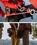 Climbers with 35 kN Figure 8 Descender Rigging Plate for Rappelling Belaying and Tree Climbing, wearing harnesses outdoors.