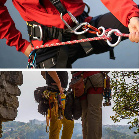 Climbers with 35 kN Figure 8 Descender Rigging Plate for Rappelling Belaying and Tree Climbing, wearing harnesses outdoors.