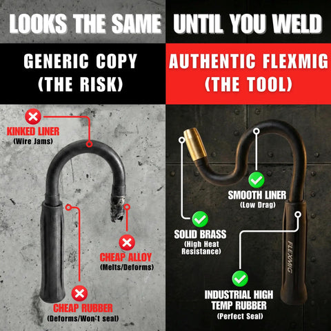 Comparison showing generic copy versus the 10 Inch Flexible MIG Gun Extension For Tight Spaces Pro Grade Heavy Duty Universal Fit For Gas And Flux Core Welding With Patented Low Restriction Design.