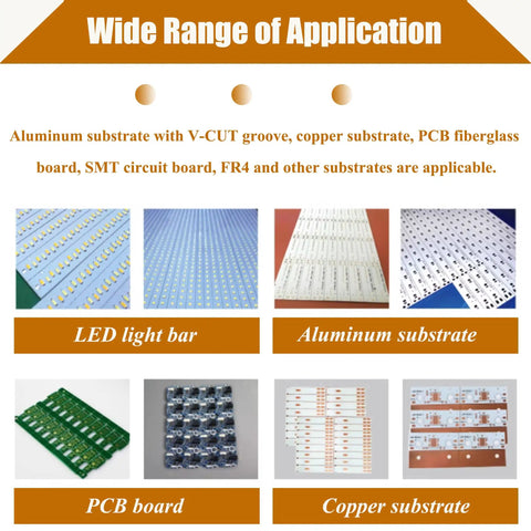 Various PCB substrates including LED light bar, aluminum substrate, copper substrate for Pro Grade PCB Depaneling Machine with V Cut Separator Built for Pros, 110V 40W Electric PCB Cutter for Circuit Board Substrate 0.6-1.6mm, 0-200mm/s Cutting Speed, Safety Guard, Hex Wrench Included