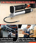 Powerful 12000 PSI Cordless Grease Gun Kit With Dual Mode Operation, showing two handle shapes for precision and heavy-duty use.