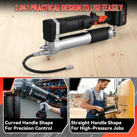 Powerful 12000 PSI Cordless Grease Gun Kit With Dual Mode Operation, showing two handle shapes for precision and heavy-duty use.