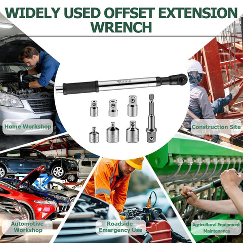 1/2 Inch Offset Extension Wrench Impact Ratchet Bar An Absolute Bad Boy For Snatching Sneaky Nuts Fast Heavy Duty Socket Extender Built Tough For Tight Spots And Shop Hustle with various adapters in a workshop setting.