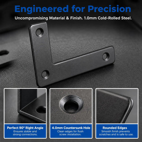 Heavy Duty L Corner Braces 10 Pack With Screws, 1.50 x 2.56 x 0.12 Inch Right Angle Brackets, steel details close-up