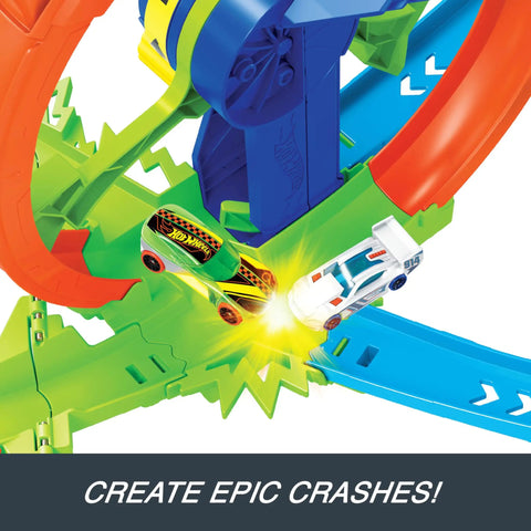 Launch And Loop Toy Car Track Set With Cranked Wheel Booster And Figure Eight Crash Zone, Includes A 1 To 64 Scale Die Cast Car