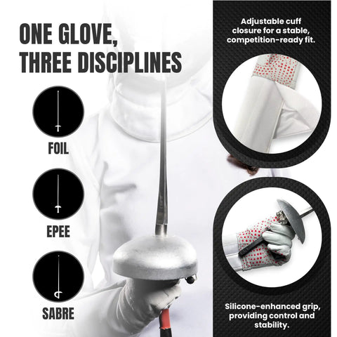 Pro Fencing Glove For Foil, Epee, And Saber - close-up of glove grip with foil, showing silicone grip and Velcro closure