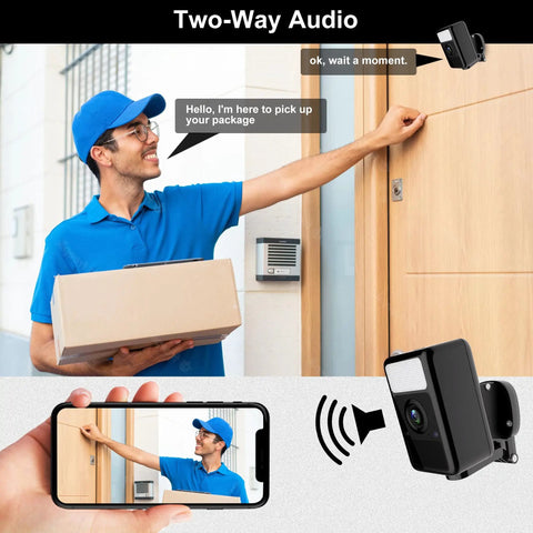 2K Wireless Outdoor Security Camera With Spotlight, Battery Powered And Waterproof, two-way audio feature demonstration