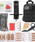 Front view of black IFAK trauma kit in MOLLE pouch with tourniquet and 4-inch Israeli bandage.