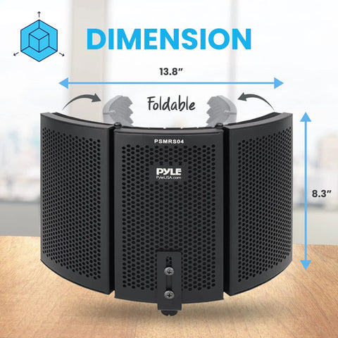 Three Panel Microphone Isolation Shield With Noise Absorbing Studio Booth For Vocal Tracks, dimensions shown, 13.8 by 8.3 inches.