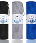 Grab And Go Clip On Microfiber Fishing Towels With Waffle Pattern, Quick Dry 16x16 Inch Towels, 3 Pack in Black Grey Blue