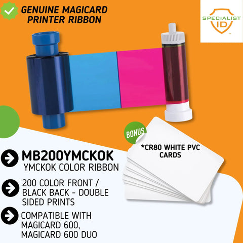 Two Pack Ymcko Color Ribbon For Id Badge Printers Delivering Two Hundred Full Color Prints Alongside Twenty Pvc Cards, showcasing dye ribbon and blank PVC cards.