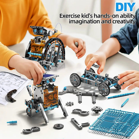 Children building robots from Solar Powered STEM Robotics Kit For Kids Aged 8 To 13 Build 12 Solar Robots Educational Science Experiment Set