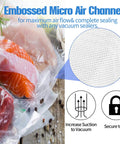 200 Count 8x12 Inch BPA Free Vacuum Sealer Bags Heavy Duty 7 Layer Puncture Resistant Beef Up Freshness Compatible With All Vacuum Machines For Sous Vide Prep And Freezer Storage packaging with close-up on micro air channel for airflow and sealing.