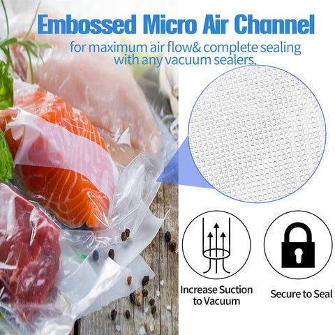 200 Count 8x12 Inch BPA Free Vacuum Sealer Bags Heavy Duty 7 Layer Puncture Resistant Beef Up Freshness Compatible With All Vacuum Machines For Sous Vide Prep And Freezer Storage packaging with close-up on micro air channel for airflow and sealing.