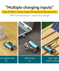 MPPT Solar Charging Controller For 5 To 24V Panels, USB C Fast Charge For 3.7V Li Ion Batteries connected to power sources.