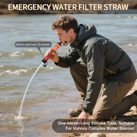 Man using Ultra Light Straw Water Filter 5 Pack For Camping, Hiking, And Travel Personal Filter Straws by river.
