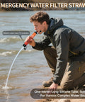 Person using Emergency Water Filter Straw 3 Pack For Hiking Camping And Outdoor Prep Personal Survival Filtration System by a river