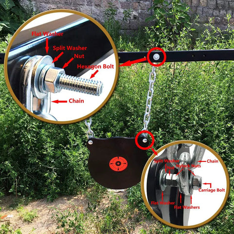 AR500 Steel Target Bullseye Gong 10 Inch Diameter 3/8 Inch Thick With Self Resetting Center Tone Spring For Pistol And Rifle Practice Pro Grade Steel Target Training with detailed view of mounting bolts and chain.