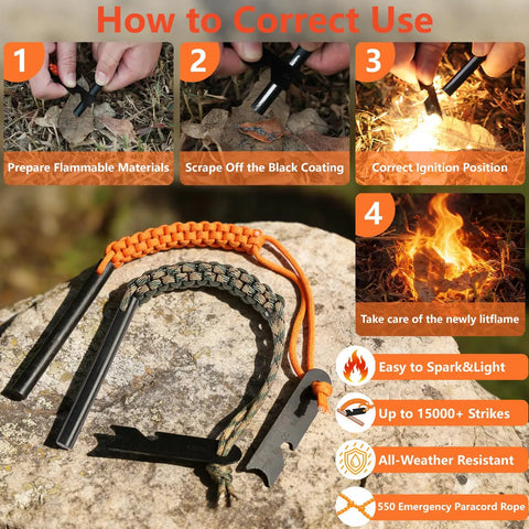 Four Inch Long Ferro Rod Fire Starter Kit With Orange Paracord Lanyard Handle And Striker Three Eighths Inch Thick Quick Start Fire Ignition