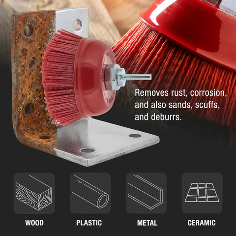 Drill Ready Four Inch Coarse Abrasive Nylon Bristle Cup Brush With Five Eighths Inch Eleven Thread And One Quarter Inch Hex Shank Arbor For Angle Grinders, Ideal For Truck Bed Liner Prep, Rust And Paint Removal