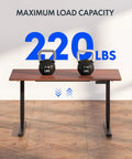 Spacious Flexispot Electric Standing Desk With Dual Motor Three Stage Lift And Memory Presets 55 By Twenty Eight Inches showing 220 lbs load capacity with kettlebells.