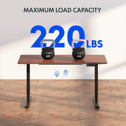 Spacious Flexispot Electric Standing Desk With Dual Motor Three Stage Lift And Memory Presets 55 By Twenty Eight Inches showing 220 lbs load capacity with kettlebells.